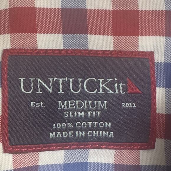 Untuckit Men’s Medium Slim Fit Shirt Red White Blue Check Button Down Cotton - Picture 4 of 9